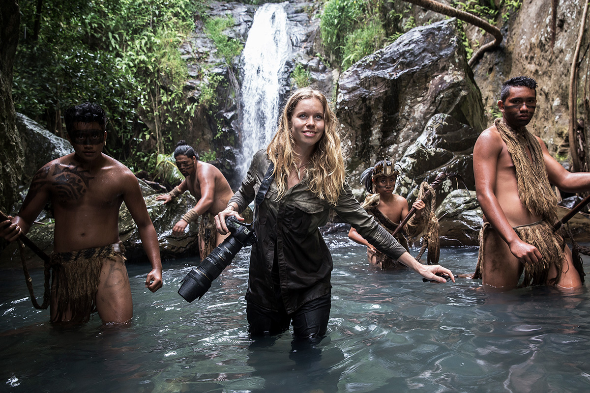 Shooting in a jungle waterfall with an indigenous community in Papua New Guinea